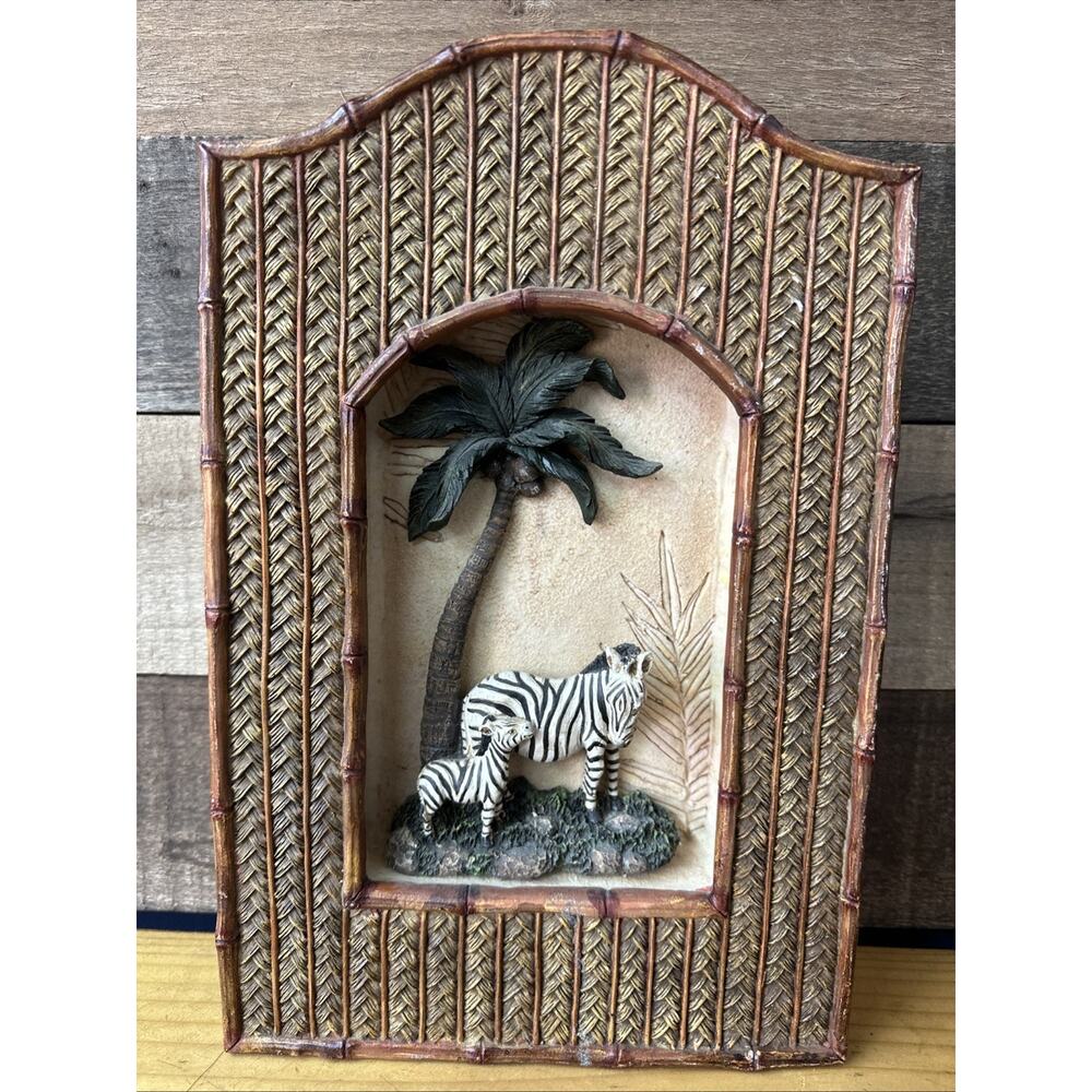 Zebra & her Baby shadowbox wall decoration Ceramic Safari Zoo 12x8